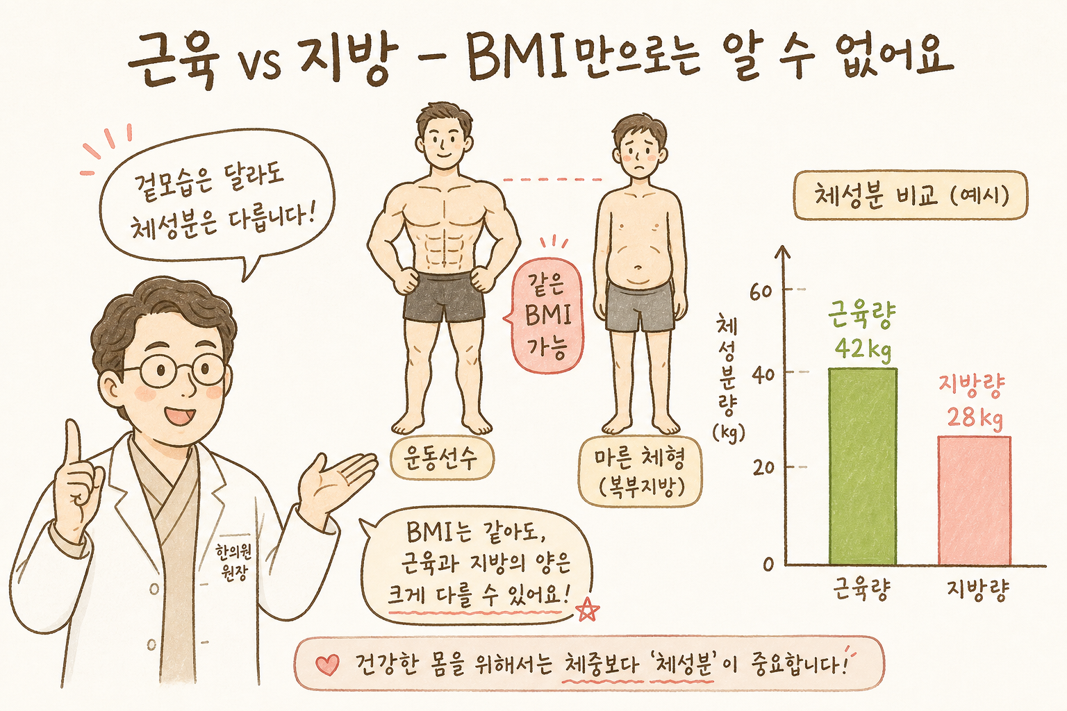 The doctor comparing the silhouette of a muscular athlete with a thin person who has abdominal fat. The gesture emphasizes that both can have the same BMI.