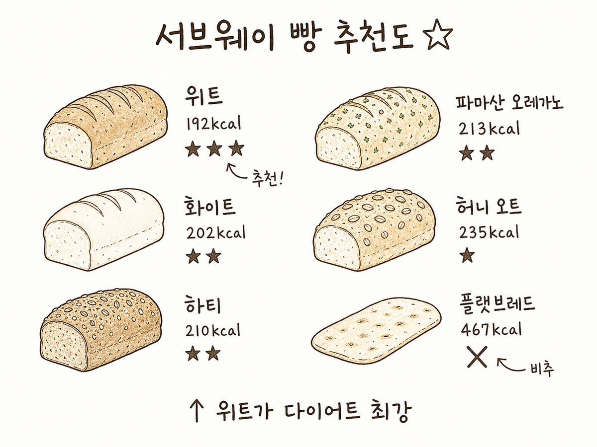 서브웨이 빵 6종 다이어트 추천도 — 위트 192kcal부터 플랫브레드 467kcal까지