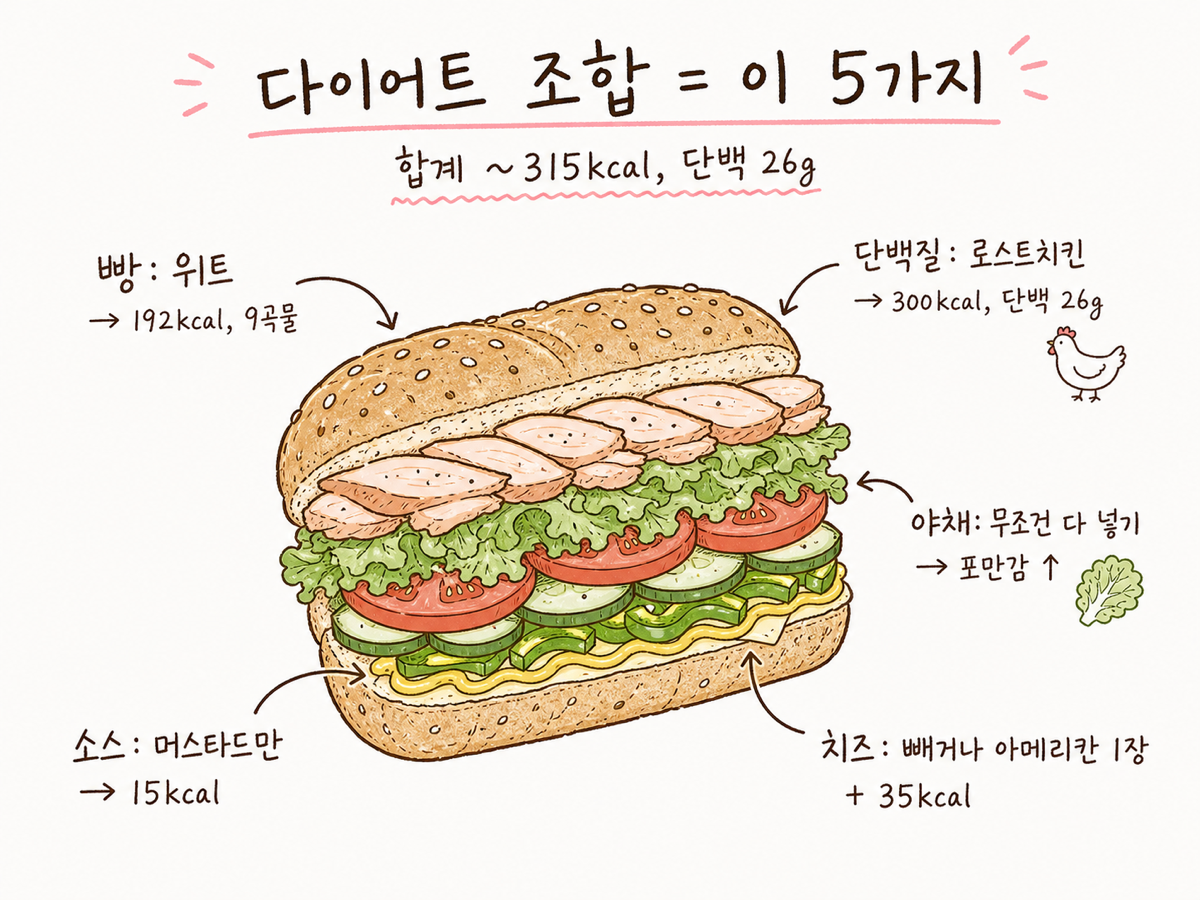 다이어트 조합 = 빵·단백질·야채·치즈·소스 5가지