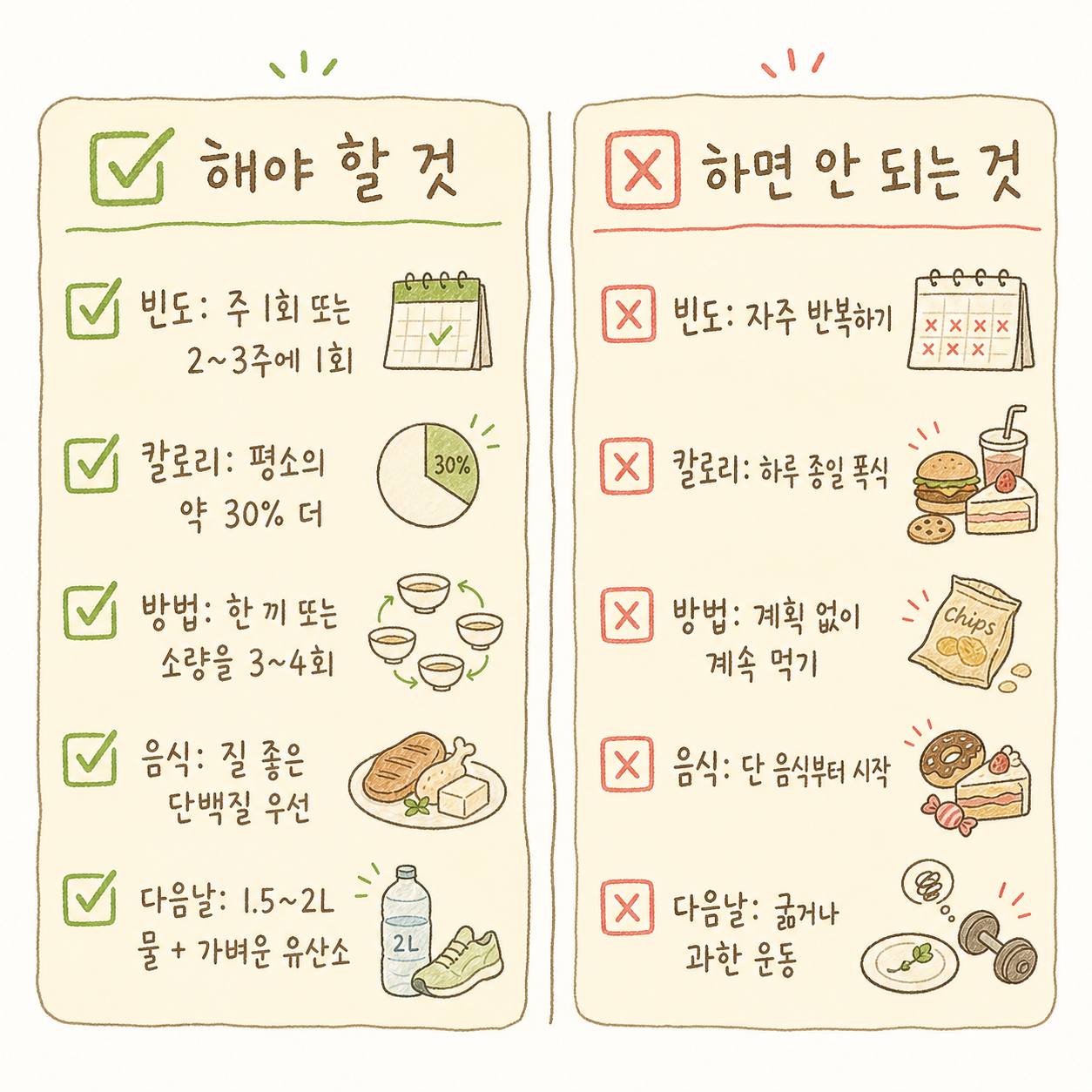 A checklist format showing 5 key rules for a safe cheat day. Each item is clearly listed with a large checkmark, covering frequency, calories, method, food choice, and post-care.