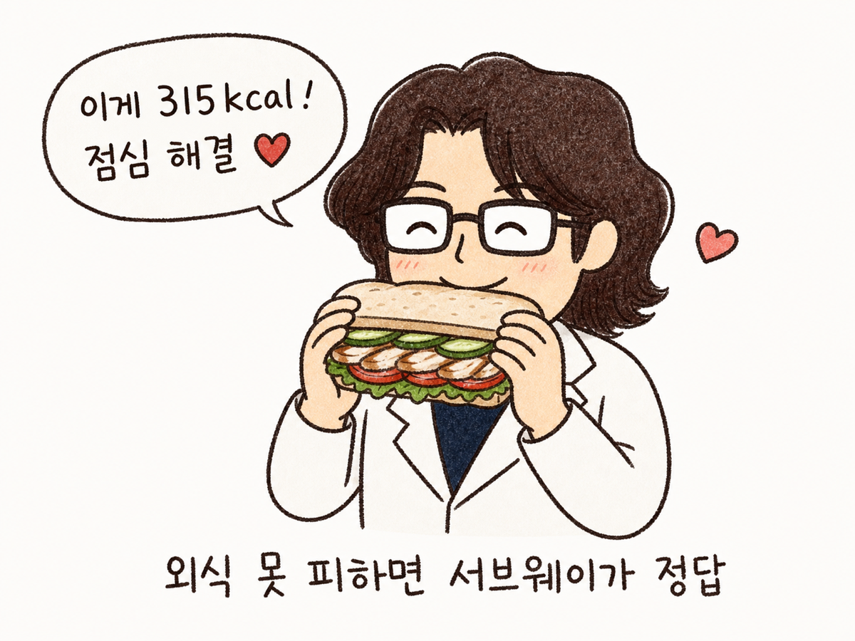 백록담 원장이 다이어트 조합 샌드위치 들고 만족하는 모습 — 이게 315kcal! 점심 해결 ❤️