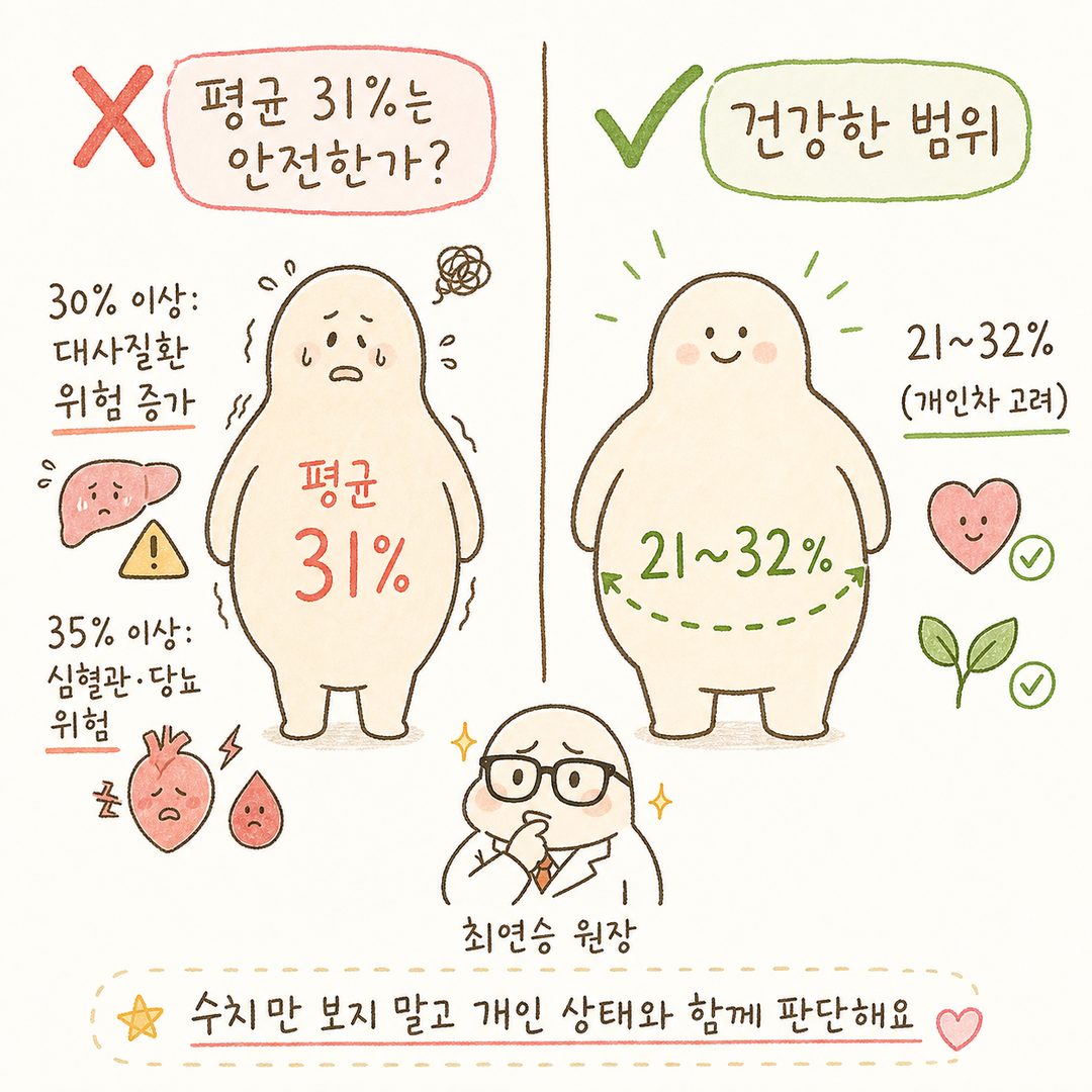 좌측 ❌ 평균 31% 신체(대사질환·심혈관 위험 표시)와 우측 ✅ 건강 범위 21~32% 신체(안전 범위 표시)를 대조하는 Before/After 형식의 비교컷