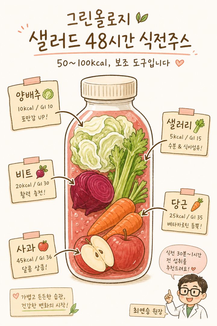 큰 주스 병 중앙. 양배추, 샐러리, 비트, 당근, 사과가 각각 화살표로 지정. 각 재료 옆에 칼로리/혈당지수 라벨 작게 표기