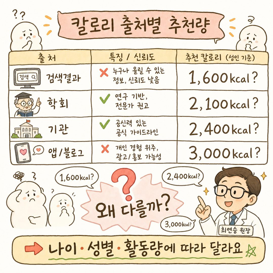 对比不同热量信息来源的可视化表格。左侧列出了各种搜索结果、学会和机构的图标,右侧显示了各自推荐的热量(1,600 / 2,100 / 2