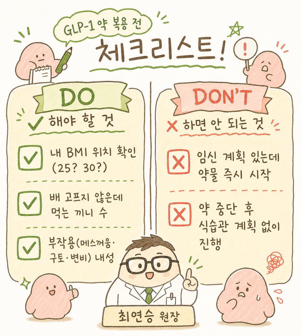 체크리스트 형식으로 ✅확인사항(할 것)과 ✗주의사항(하지 말 것)을 명확히 구분. BMI 확인, 공복감 없이 먹는 끼니, 부작용 내성, 임신 계획, 약 중단 후 식습관 계획 항목