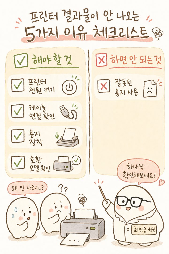 프린터에서 결과지가 안 나오는 이유 5가지를 체크리스트로 정리. 각 항목 앞에 ✅해야할 것 / ❌하면 안 되는 것 아이콘으로 구분하여 시각적으로 표현