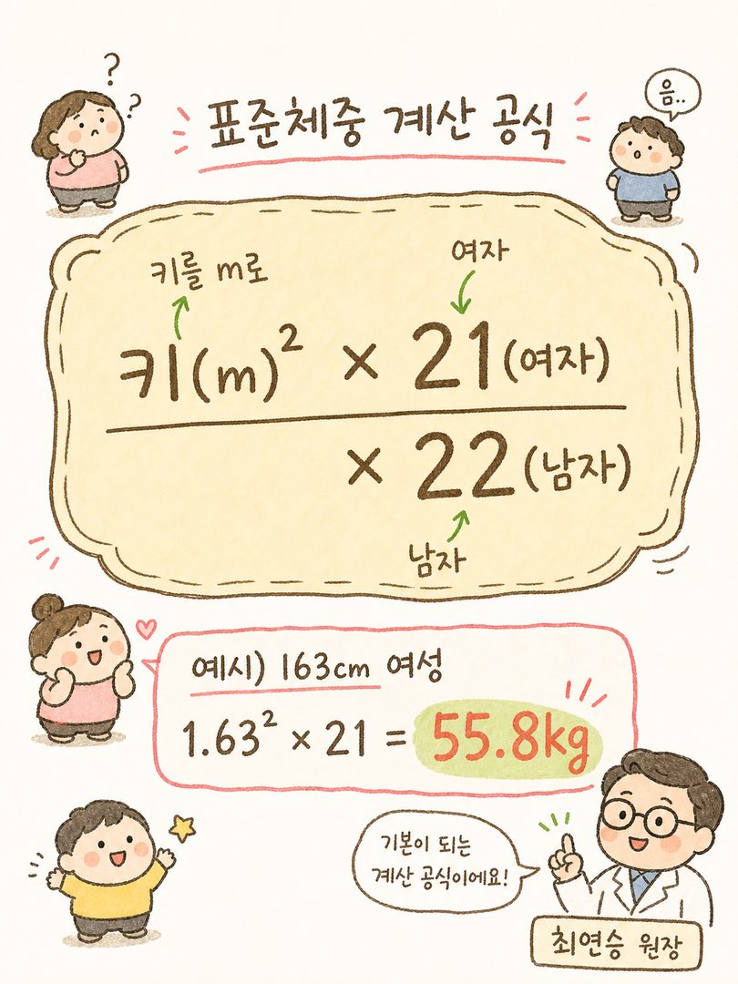 以方框形式清晰整理的标准体重计算公式可视化图。上方大字显示公式,下方通过实际案例(身高163cm女性)展示分步计算过程,以便跟随计算。