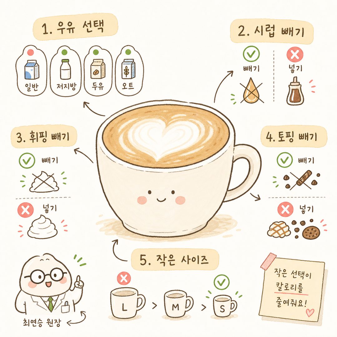대형 라떼 잔 중앙에 화살표로 가리키는 라벨들. 위에서부터 '우유 선택' (4가지 옵션), '시럽 추가?' (체크/엑스), '휘핑크림?' (체크/엑스), '토핑?' (체크/엑스),