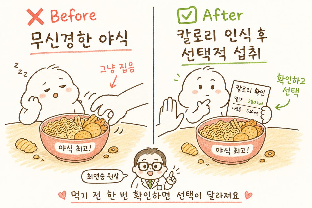 左側「❌ Before」:夜食の器を無造作に取る手、カロリーを意識していない状態を表現 / 右側「✅ After」:同じ夜食の器の前で手を止め、カロリー表示を確認する様子