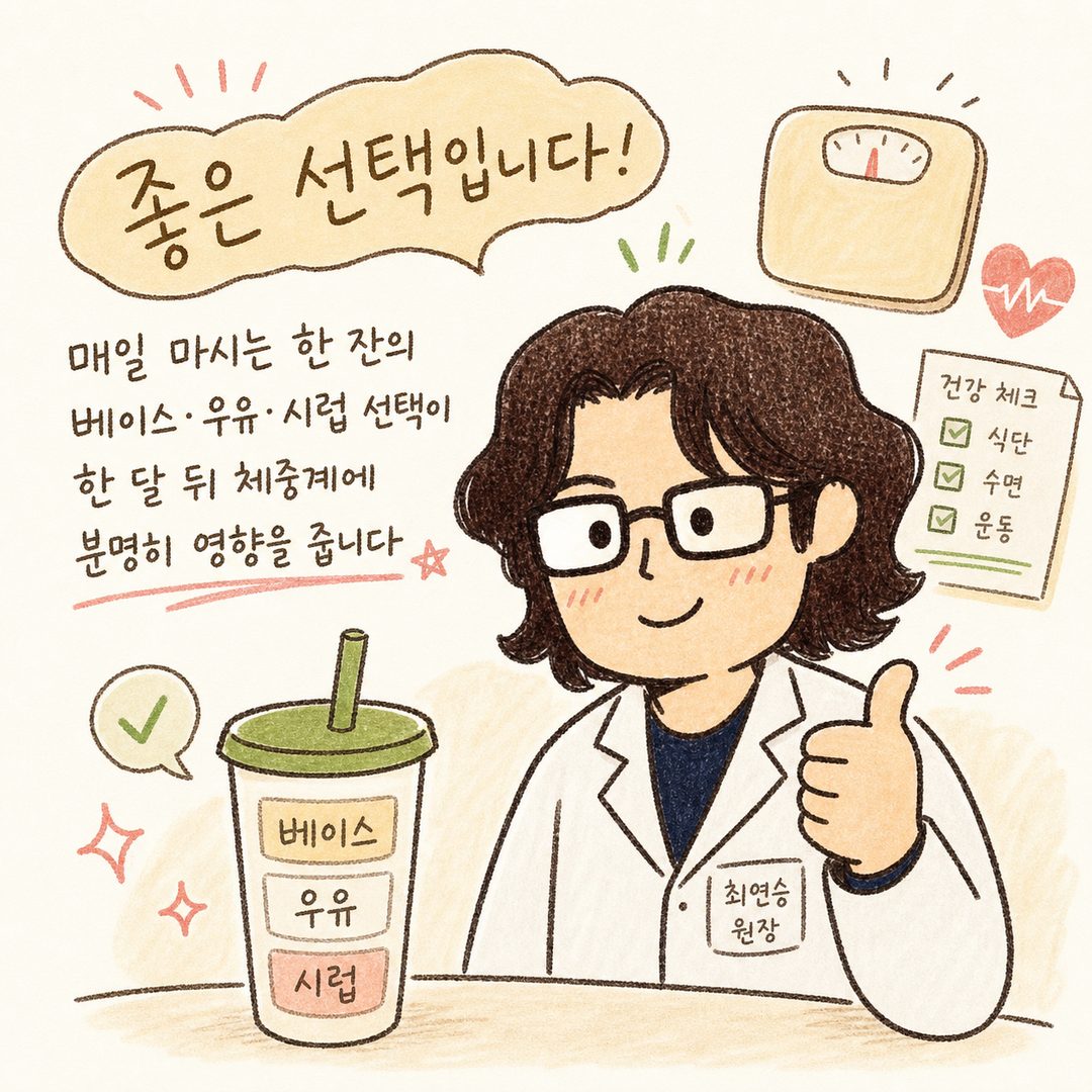 한의사 캐릭터가 다이어트 음료를 보며 긍정적인 표정으로 엄지손가락을 올리는 모습. 배경에 체중계나 건강 체크 아이콘을 배치하여 진료실 컨텍스트와 전문가 승인 느낌 연출