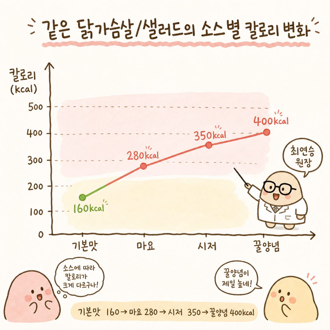 같은 닭가슴살 또는 샐러드에 다양한 소스를 더했을 때의 칼로리 변화를 꺾은선 그래프로 표현: 기본맛(160kcal) → 마요네즈소스(280kcal) → 시저드레싱(350kcal) 