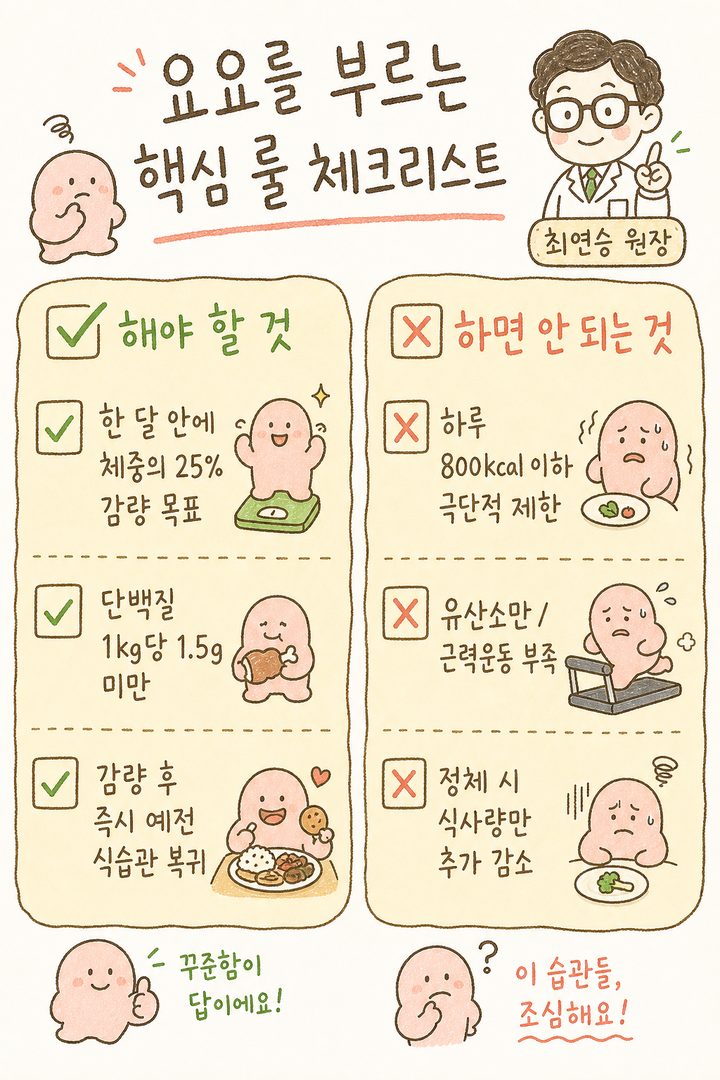 6項目のチェックリスト。各項目の前に✅(該当/危険)または✗(非該当/安全)のチェックボックスを配置。項目:非現実的な目標設定、極端なカロリー制限、タンパク質不足、有酸素運動のみ、