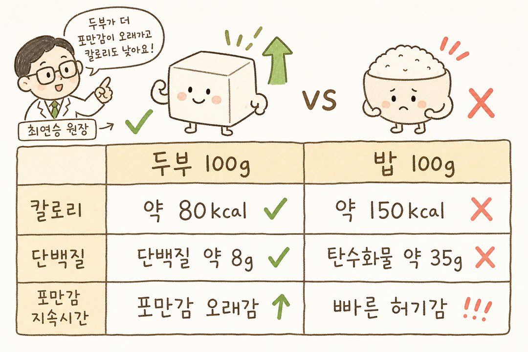 두부 100g과 밥 100g을 좌우로 비교하는 표. 세로 항목: 칼로리, 단백질, 포만감 지속시간. 두부는 낮은 칼로리와 높은 단백질로 우위 표시(체크 마크, 화살표)