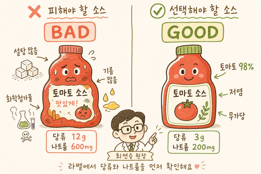 ❌ vs ✅ 两种番茄酱瓶身标签左右对比。左侧为化学添加剂、糖、油脂较多的产品,右侧为番茄含量98%、低盐、无糖产品。标明成分表数值