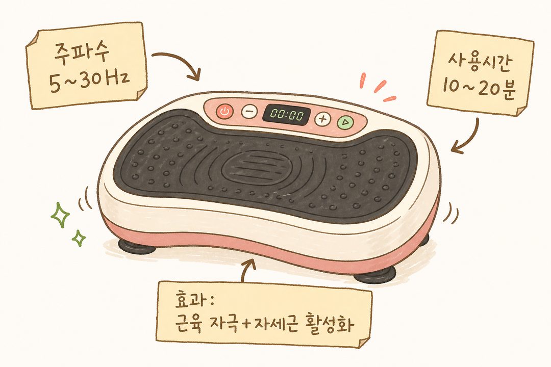Vibration platform front/side view. Labels with arrows clearly indicating frequency range (5-30Hz), recommended usage time (10-20 minutes), and effects (muscle activation, postural muscle strengthening)