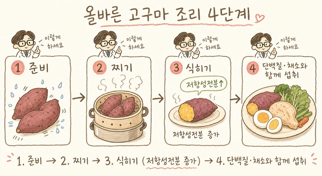 고구마 섭취의 올바른 4단계 시퀀스를 순서도로 표현. 1단계: 고구마 선택·준비(깨끗이 씻은 고구마 일러스트), 2단계: 찌기(찜기에서 수증기 모습), 3단계: 식히기(식은 고구마