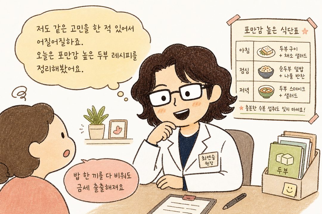 진료실에서 환자의 고민을 경청하는 따뜻한 여의사 캐릭터. 옆에 '밥 한 끼를 다 비워도 금세 출출해진다'는 말풍선. 진료실 배경에 식단표 보이기