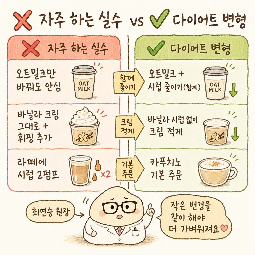 좌측에 흔한 실수 3가지를 ❌ 아이콘과 함께 빨간색 배경으로 표시. 우측에 올바른 변형 방법을 ✅ 아이콘과 함께 초록색 배경으로 병렬 배치하여 대비 강조
