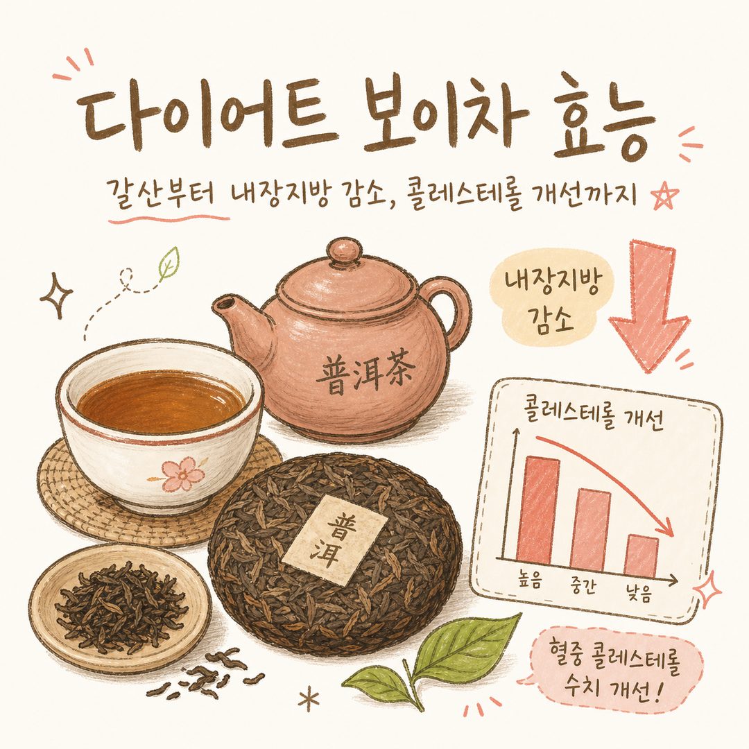 다이어트 보이차 효능 — 갈산부터 내장지방 감소, 콜레스테롤 개선까지