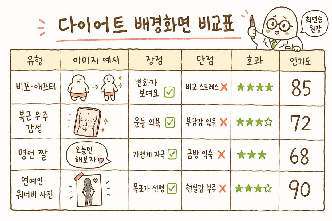 4가지 다이어트 배경화면 유형을 비교표 형식으로 정리. 각 유형별 이미지 예시, 특징, 효과 정도를 한눈에 보는 표