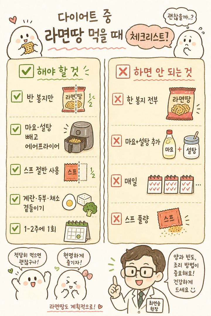다이어트 중 라면땅 섭취 시 지켜야 할 원칙을 체크리스트 형태로 표현. 녹색 체크(✅)로 '해야 할 것', 빨간 X(✗)로 '피해야 할 것'을 명확히 구분. 각 항목마다 간단한 아