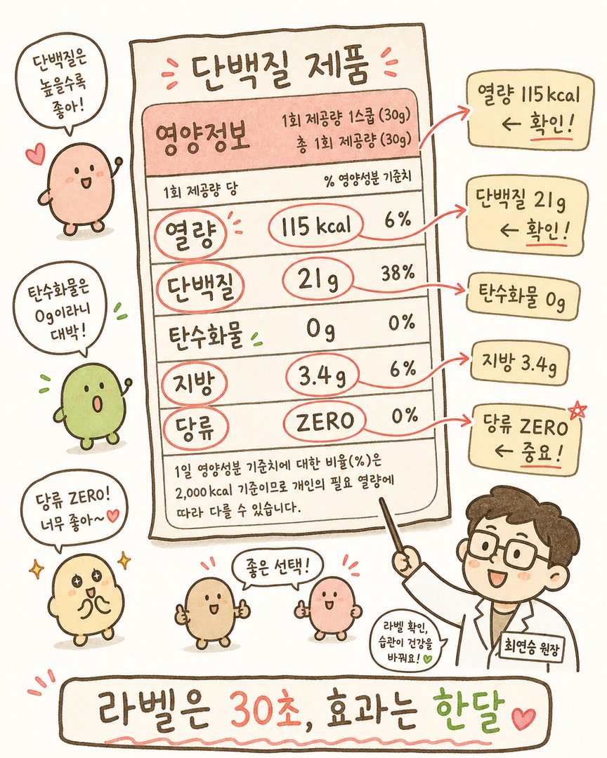 프로틴 제품의 영양성분표가 확대되어 표시되고, 화살표와 동그라미로 kcal, 단백질 g, 탄수화물 g, 지방 g, 당류 항목을 각각 강조하며 라벨링하는 교육용 삽화