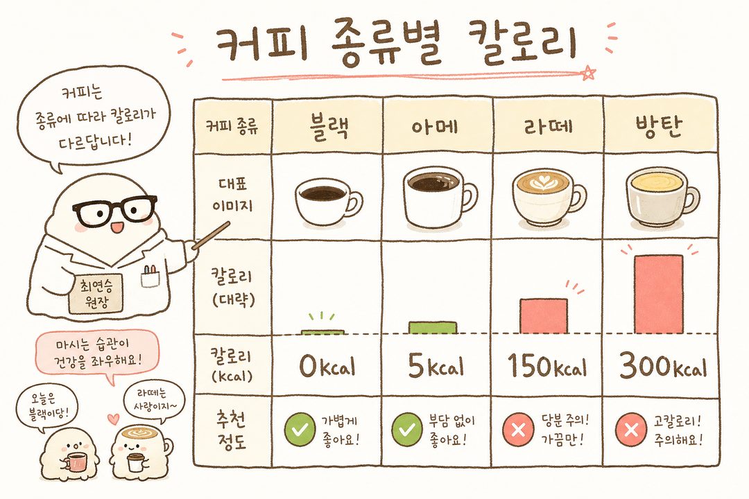 커피 종류별 칼로리를 막대 그래프로 시각화. 블랙커피(0kcal)부터 방탄커피(300kcal)까지 상승하는 막대 비교. 각 커피 일러스트와 함께 칼로리 수치 명시