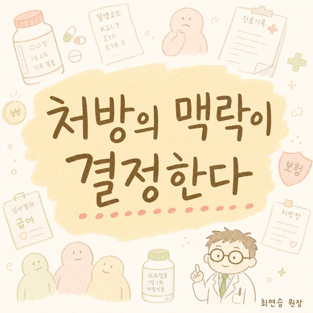 화면 중앙에 매우 큰 활자로 '처방의 맥락이 결정한다'는 핵심 메시지를 배치. 배경에는 약병, 진료 서류, 질병코드, 보험 심볼, 환자 실루엣 등이 부드럽게 흐릿하게 떠있으면서 메
