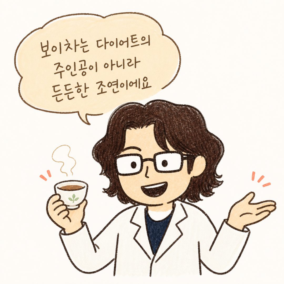 한의사(의사 캐릭터) 원장이 보이차 찻잔을 한 손에 들고 다른 한 손으로 설명하는 제스처를 취한 모습. 따뜻하고 친근한 표정으로 '조연이지만 든든한 파트너'라는 메시지를 전하는 장