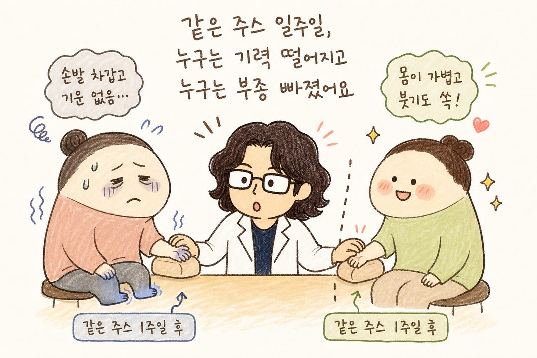 흰 배경에 핵심 문장을 크고 굵은 텍스트로. 문장 일부는 컬러 강조(파랑 또는 빨강). 손그림 박스나 밑줄로 강조 시각화