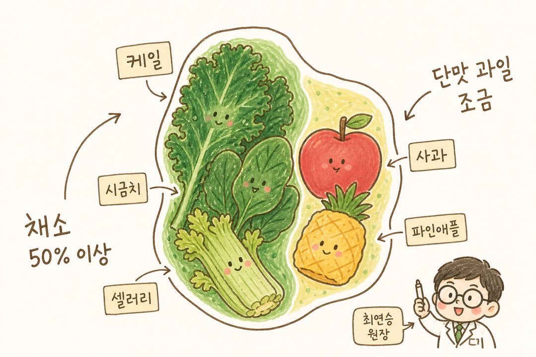 좌측에 케일·시금치·셀러리 채소들을 라벨로 표시, 화살표로 50% 이상 비중 강조, 우측에 사과·파인애플 과일을 작은 비중으로 표시