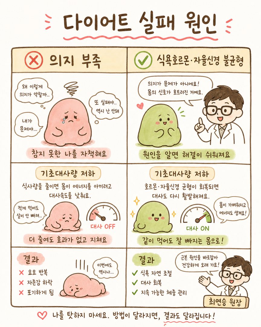의지 부족 vs 호르몬·자율신경 불균형을 대비하는 2행 비교표, 좌측 ❌(의지 약함), 우측 ✅(호르몬 조절)로 표시하여 다이어트 실패의 진짜 원인을 시각화한 대비 차트