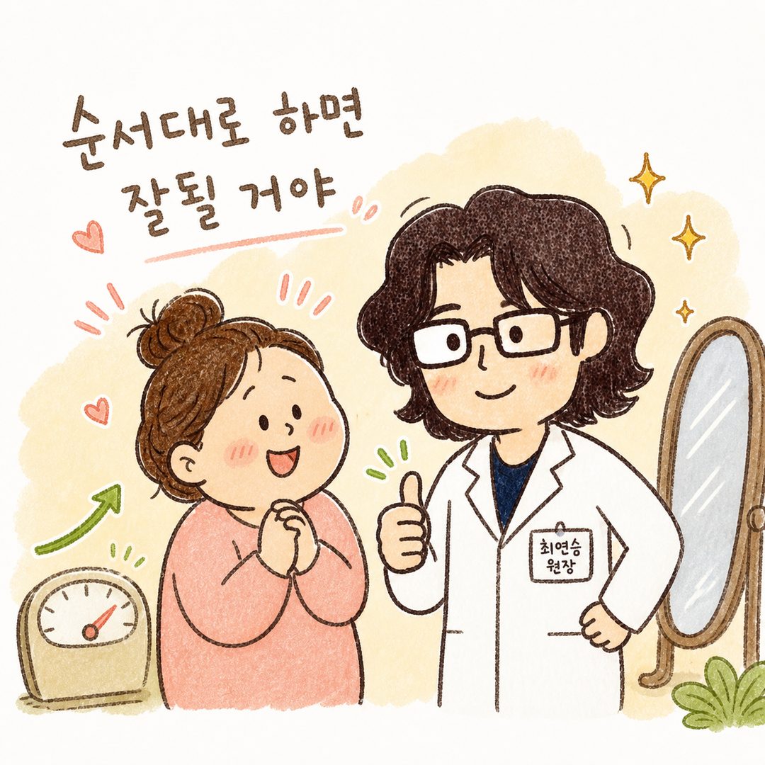 산모 캐릭터가 거울을 보며 웃거나 운동 후 성취감을 느껴 엄지손가락을 올리는 모습. 또는 의사 상담 후 안도하고 확신을 얻은 표정. 배경에 회복의 진전을 나타내는 요소 (체중계 침