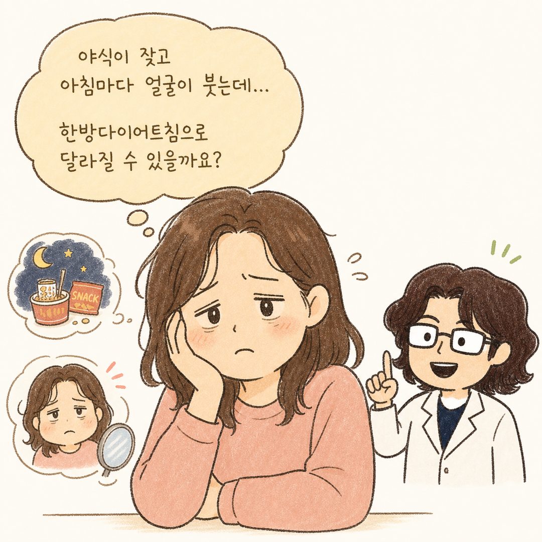 30대 여성 환자 캐릭터의 도입 컷. 처음에는 피곤하고 부어 보이는 얼굴 표정으로 고민하는 모습 표현. 말풍선에 '야식이 잦고, 아침마다 얼굴이 붓는데...'라는 고민을 담아 공감