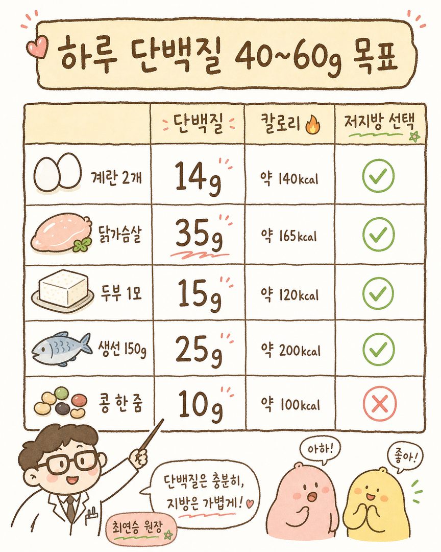 為達成每日 40~60g 蛋白質目標的各類食物含量對比表。雞蛋、雞胸肉、豆腐、魚、豆類圖示旁標註克數。同時標示熱量,提供低脂選擇指南。
