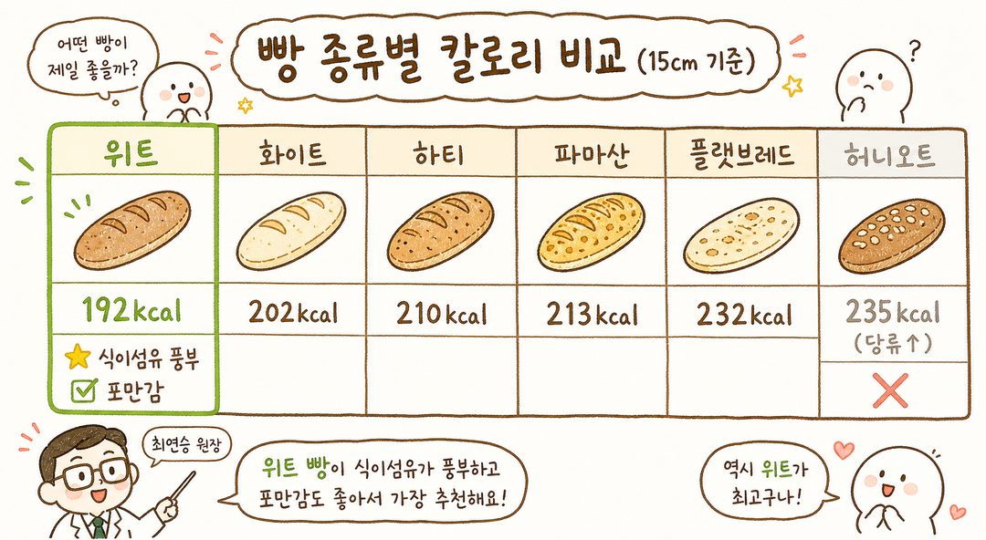 서브웨이 6가지 빵 종류를 가로 비교표로 정렬. 각 빵 종류 아이콘 아래 칼로리, 특징을 명시. 위트(192kcal)를 녹색으로 강조하고 식이섬유·포만감 표시. 허니오트(235kc