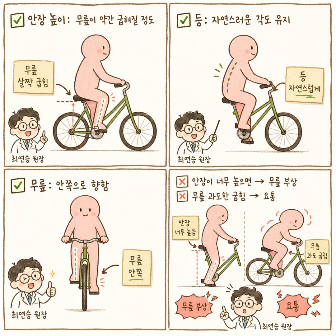 자전거에 앉은 옆모습 실루엣으로 안장 높이, 등의 각도, 무릎 위치를 화살표와 라벨로 표시. 올바른 자세(✅) 세 가지와 잘못된 자세(❌) 예시를 나란히 비교하는 2x2 레이아웃