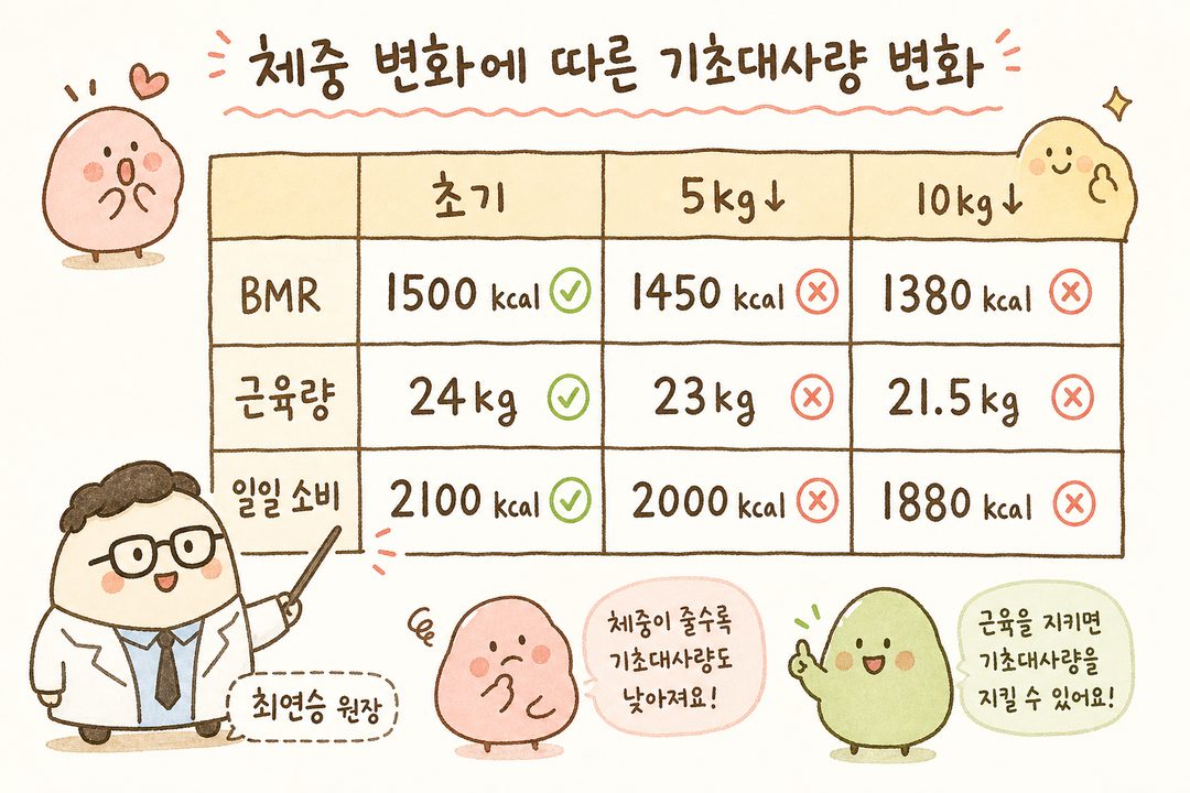 체중 감소 단계별로 기초대사량(BMR)이 어떻게 변하는지를 보여주는 비교표. 초기 체중 → 5kg 감소 후 → 10kg 감소 후의 BMR, 근육량, 일일 소비 칼로리를 수치로 비교