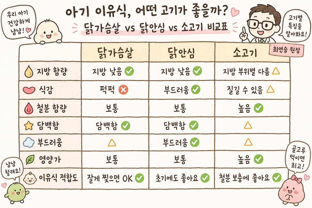 以表格形式比较鸡胸肉、鸡小胸、牛肉的脂肪含量、口感、铁含量,一目了然地掌握各部位优缺点及辅食适用度的对比表