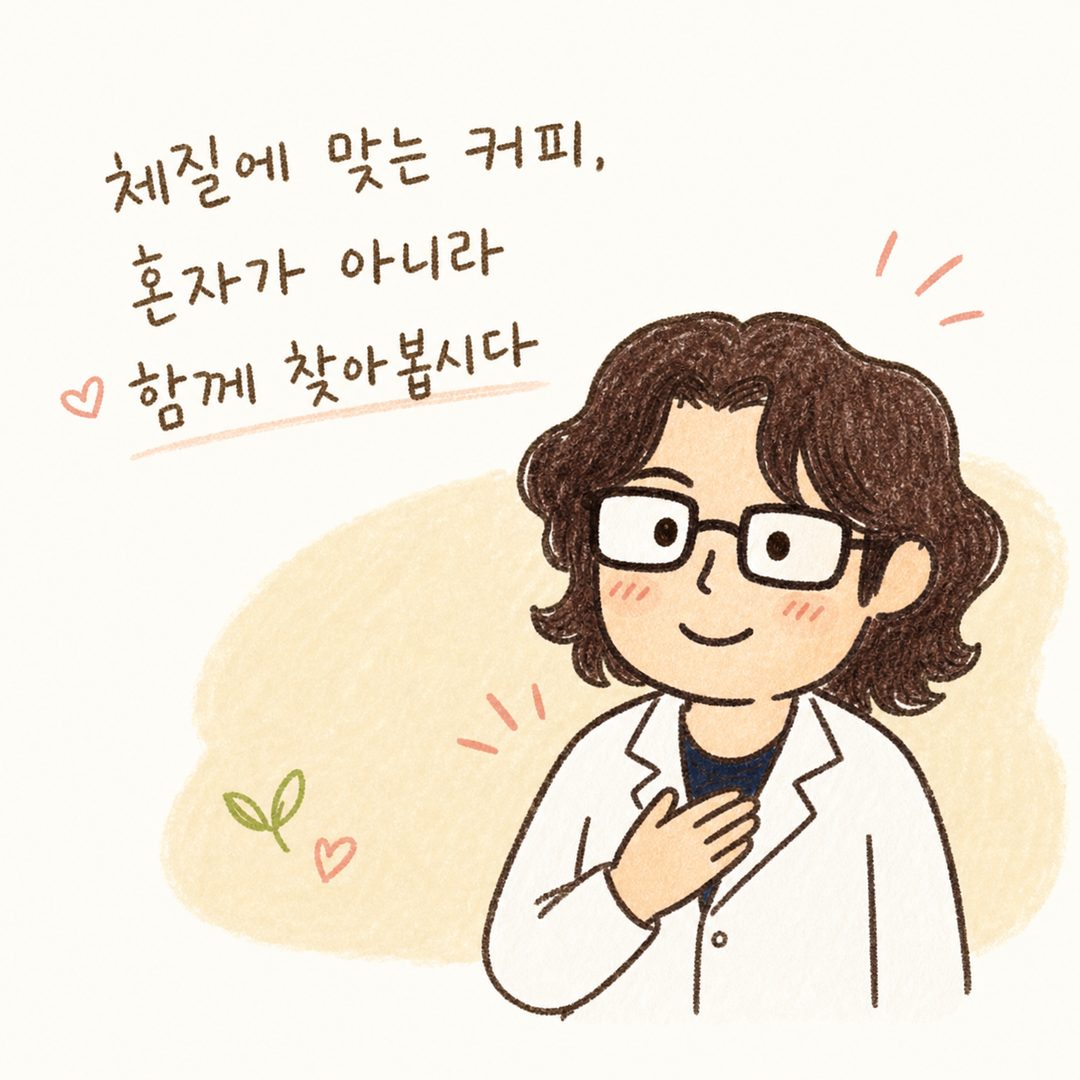백록담 한의원의 여성 의사/원장 캐릭터가 친근한 미소로 독자를 향해 바라보며 손을 가슴에 얹고 조언하는 따뜻한 모습. 신뢰감과 공감을 전달하는 포즈와 표정