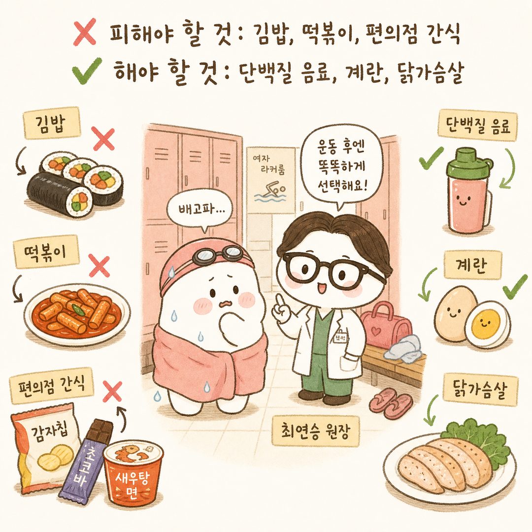 수영장 라커룸 장면. 앞쪽에는 수영 후 배고픔이 닥치는 시점에 흔히 마주치는 아이템들(떡볶이, 김밥, 편의점 간식)을 화살표로 가리키되 ✗ 표시. 뒷쪽에는 올바른 선택(단백질 쉐