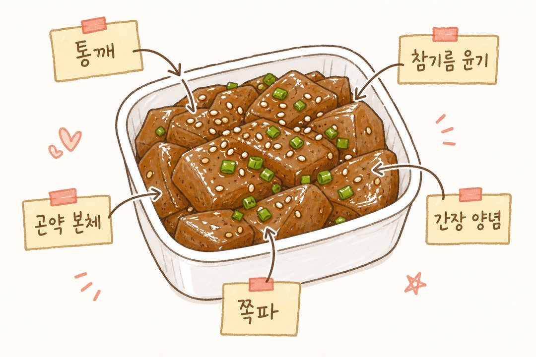 완성된 곡약조림을 반찬통에 담은 형태로 표현. 화살표와 라벨로 각 부분 지칭: 통깨, 참기름 윤기, 곤약 본체, 간장 양념, 쪽파. Snifflenug 시트형 라벨링으로 깔끔하고