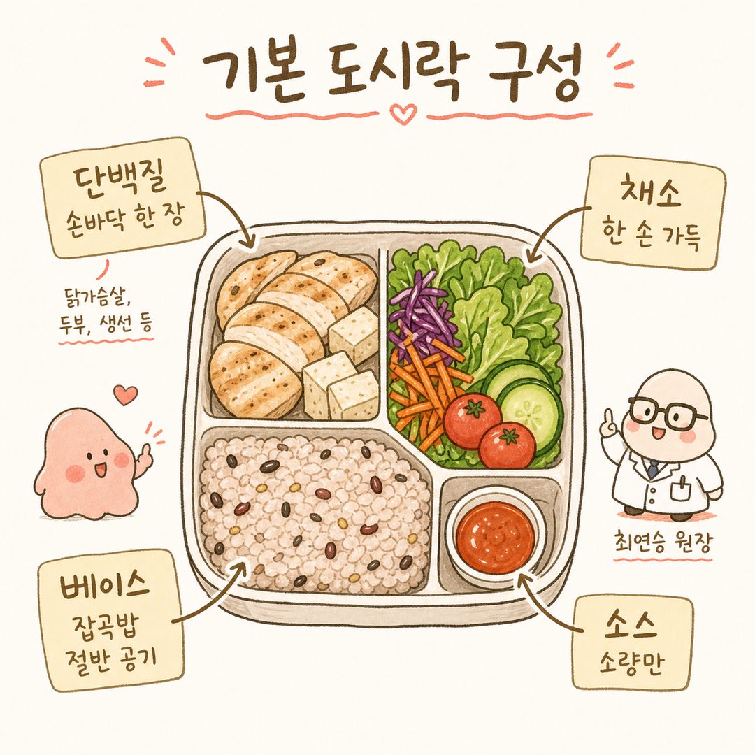 도시락 용기를 위에서 본 평면도, 각 영역(베이스, 단백질, 채소, 소스)에 화살표와 라벨을 붙여 올바른 도시락 구성을 표시