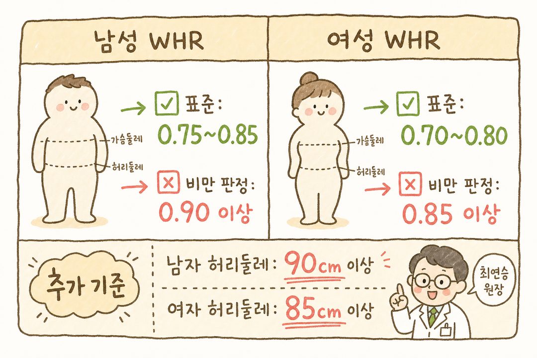 남성과 여성으로 구분된 WHR 비교표. 좌측에 남성 기준(표준: 0.750.85, 초록색 | 비만: 0.90 이상, 빨강색), 우측에 여성 기준(표준: 0.700.80, 초록색