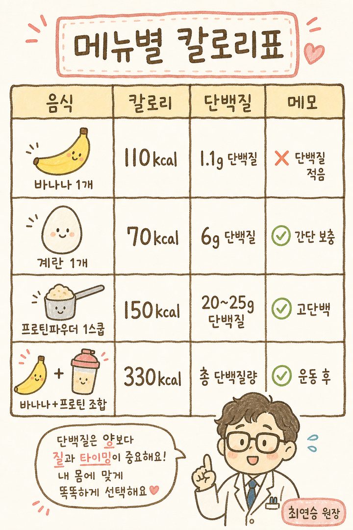 바나나, 계란, 프로틴파우더, 프로틴 음료의 음식 이미지가 나열되고 각각 옆에 칼로리와 단백질 함량을 수치로 표시한 비교표, 색상별로 구분되어 한눈에 비교 가능한 레이아웃