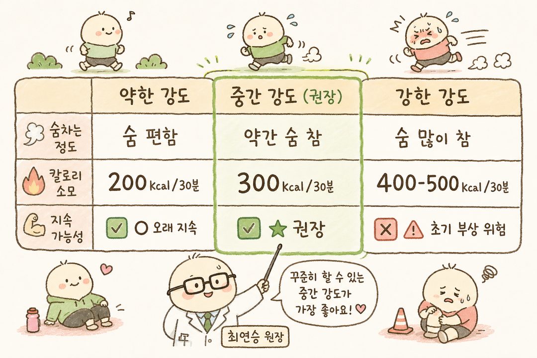 3행 비교표로 운동 강도별 효과를 시각화. 약한 강도 | 중간 강도(권장) | 강한 강도 세 컬럼으로 나누고, 각각 숨차는 정도, 칼로리 소모, 지속 가능성을 행으로 표시. 중간 