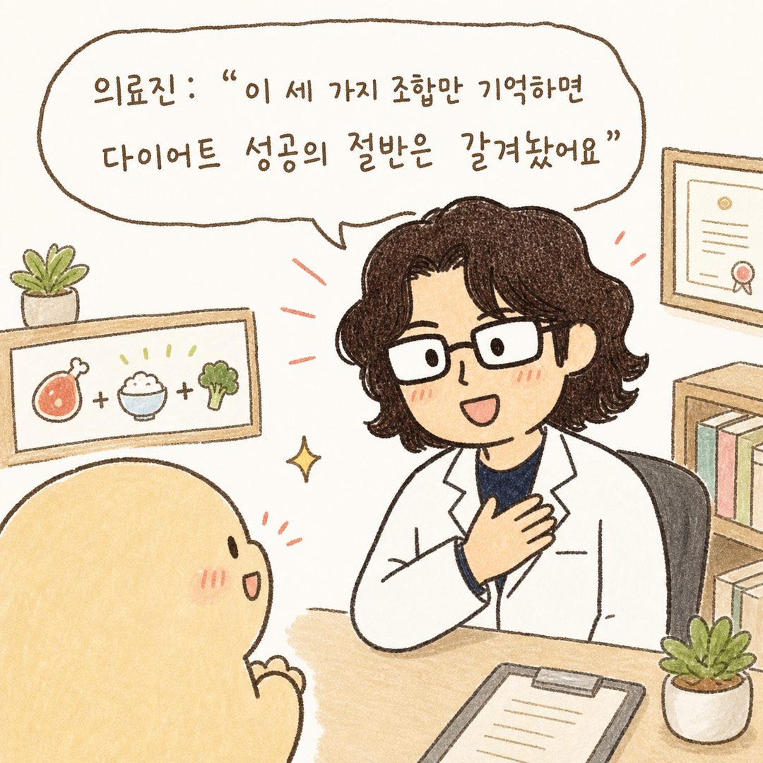 의료진 캐릭터가 환자 앞에서 추천 조합 3가지를 설명한 후, 밝고 격려하는 표정으로 한 손을 가슴에 얹으며 말하는 모습. 배경은 밝은 톤의 상담실. 긍정적이고 희망찬 에너지 전달