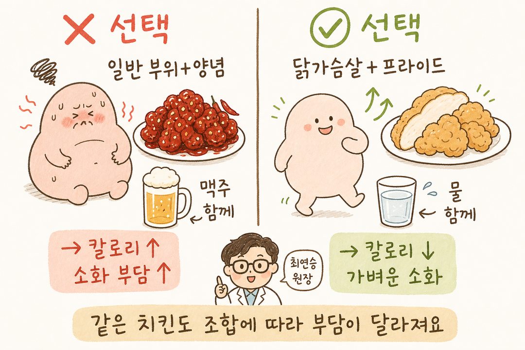 Bên trái ❌ Các bộ phận thông thường + gà sốt + bia (tông màu đỏ, cảm giác nặng nề) vs Bên phải ✅ Ức gà + gà rán truyền thống + nước lọc (tông màu sáng, cảm giác nhẹ nhàng), nhấn mạnh sự tương phản rõ rệt