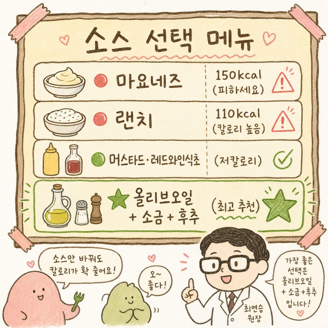 카페 메뉴판 스타일로 소스 옵션들을 정렬. 4가지 소스를 칼로리와 함께 박스 형태로 표시: 마요네즈·랜치는 빨강(⚠️), 머스타드·식초는 초록(✓), 올리브오일+소금+후추는 가장