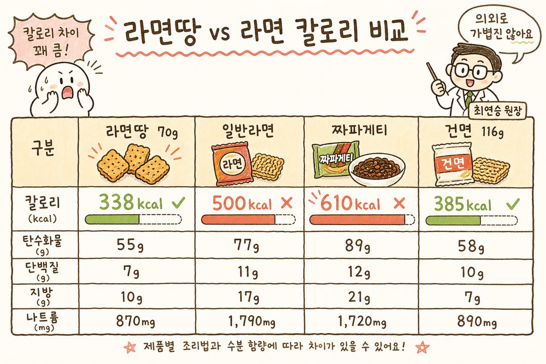 라면땅(70g), 일반 유탕면(1봉), 건면(116g)의 영양정보를 비교하는 테이블 일러스트. 칼로리·탄수화물·단백질·지방·나트륨을 막대그래프나 수치 비교로 시각화하고 각 제품의 